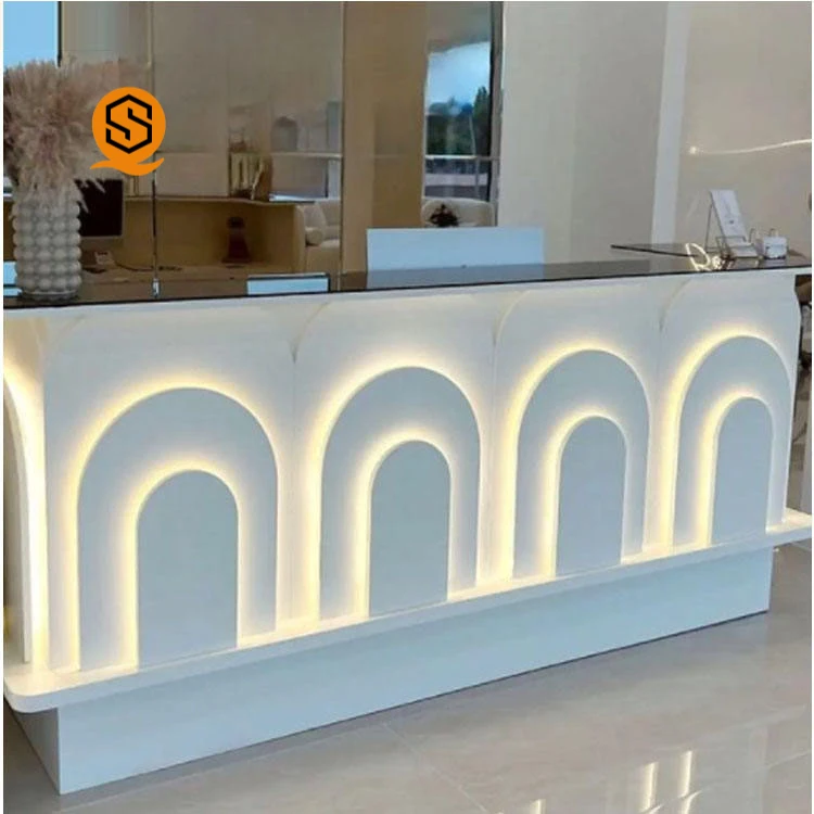 Modern 2024 fashion Spa Salon Counter Hotel Salon Furniture Pink gold  Reception Desk With Led Light
