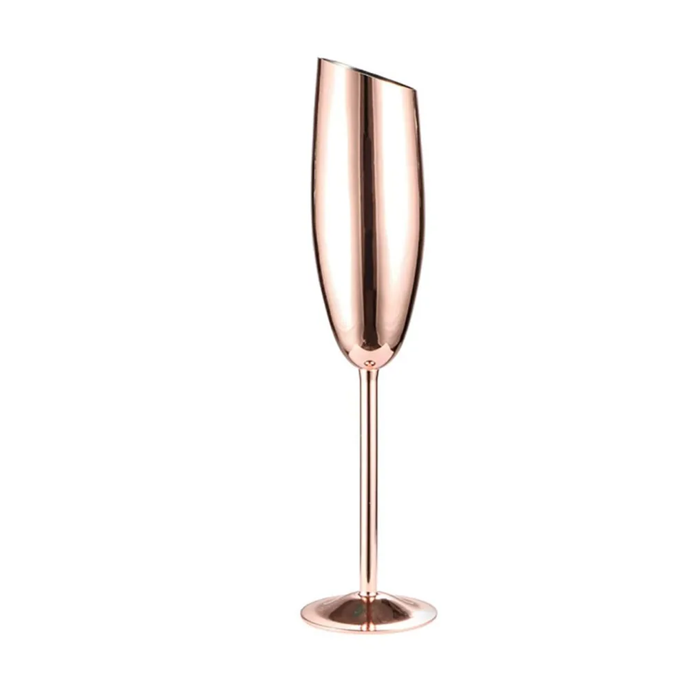 Parties Anniversary Wedding Rose Gold Stainless Steel Champagne Flute Slanted Bowl Wine Long Stem Glass