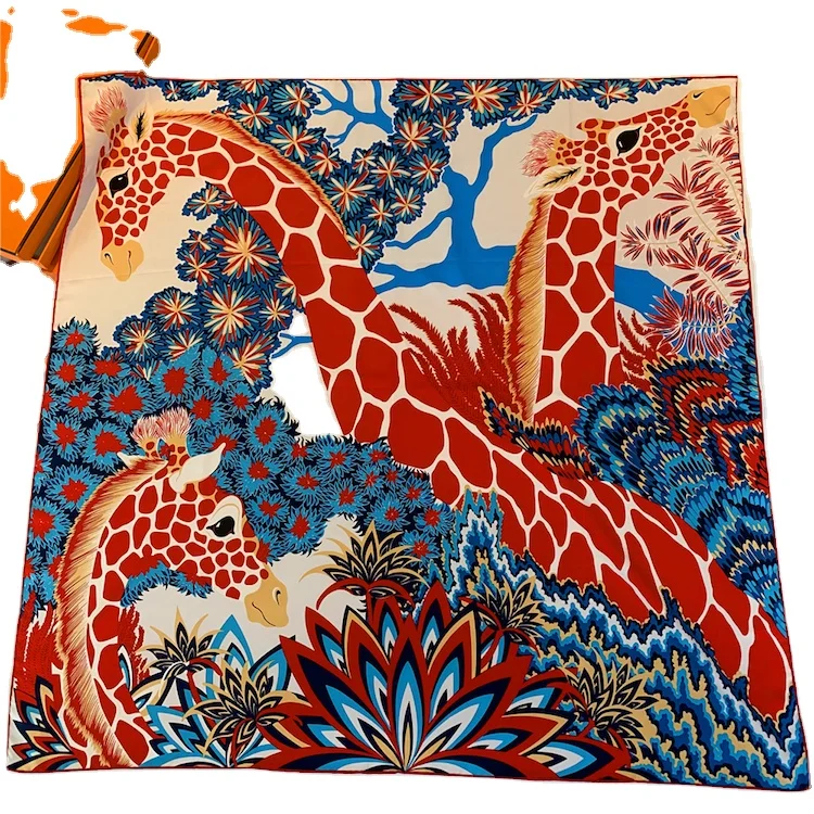 giraffe pattern printed  luxury style 90cm square silk scarf shawls with hand-made high quality printing