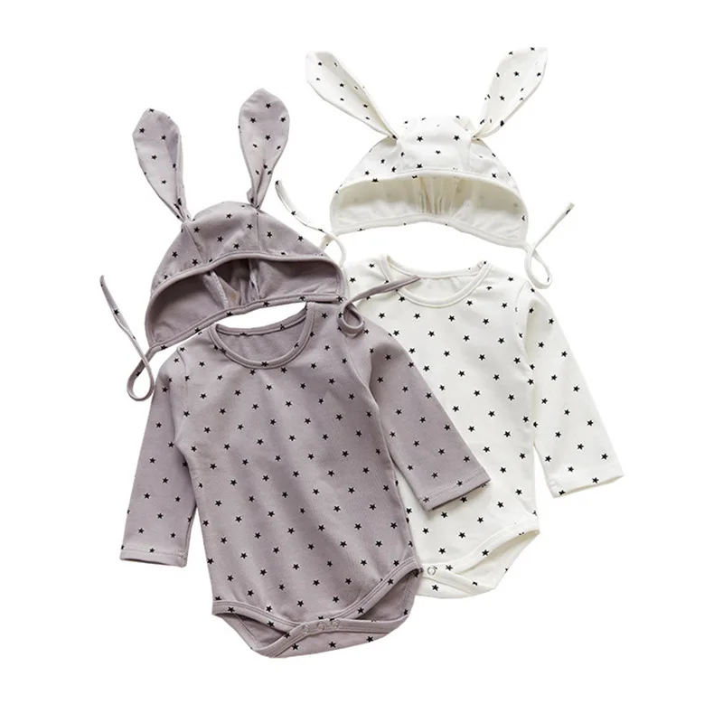  Easter Baby Rabbit Ear Dots Rompers Caps Boys Girls Long Sleeves Bunny
