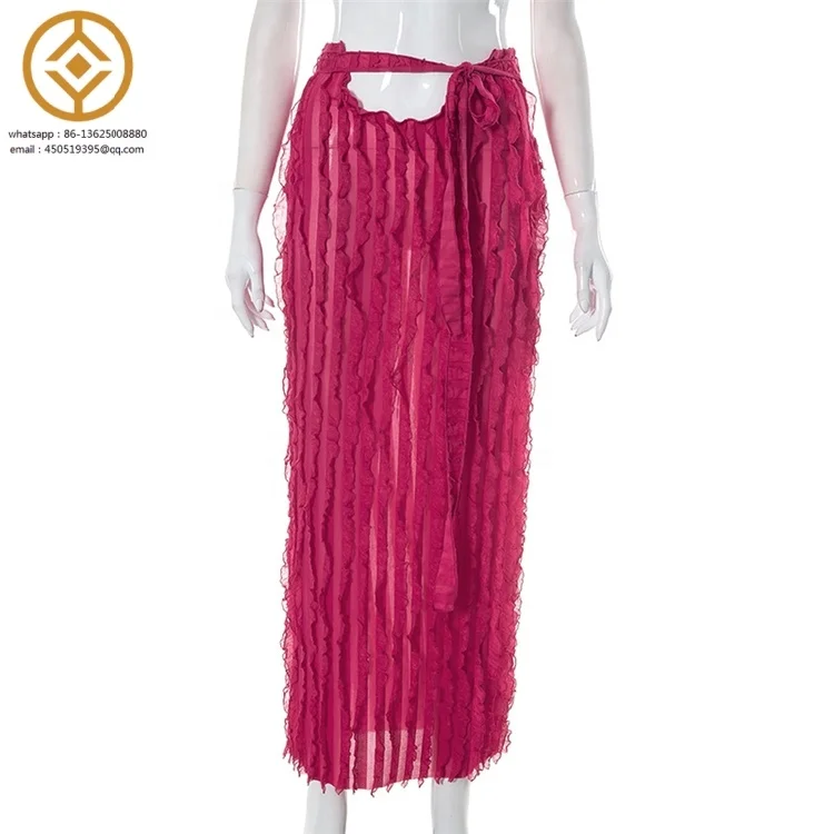 Wave pattern ruffle lace up sexy navel revealing skirt