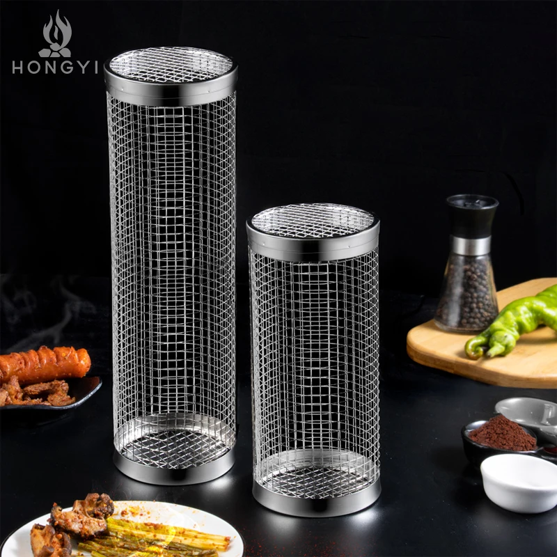 HY Bbq корзина для барбекю круглая нержавеющая сталь металлическая сетчатая цилиндрическая прокатки гриля