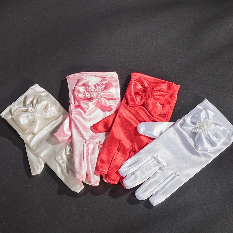 wholesale lace pearl flower kids girls satin gloves with bow wedding party favor banquet girl kids glove