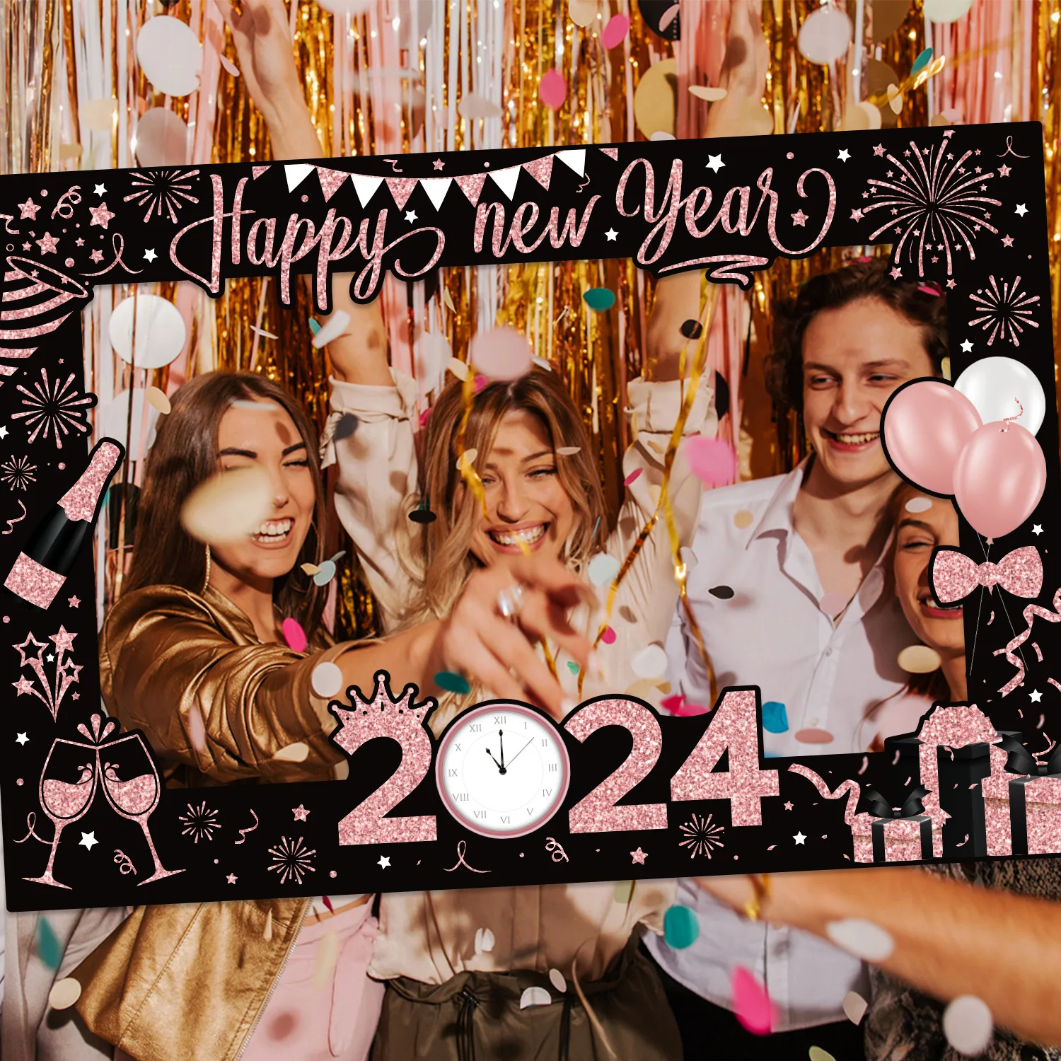2024 Happy New Year Theme Black Gold Paper Photo Booth Props Party Decoration Set