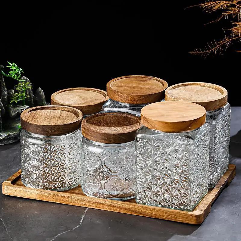 Bamboo and wood cover 14oz wholesale glass storage tank refrigerator storage cabinet snacks dried fruit sealed Mason jar can