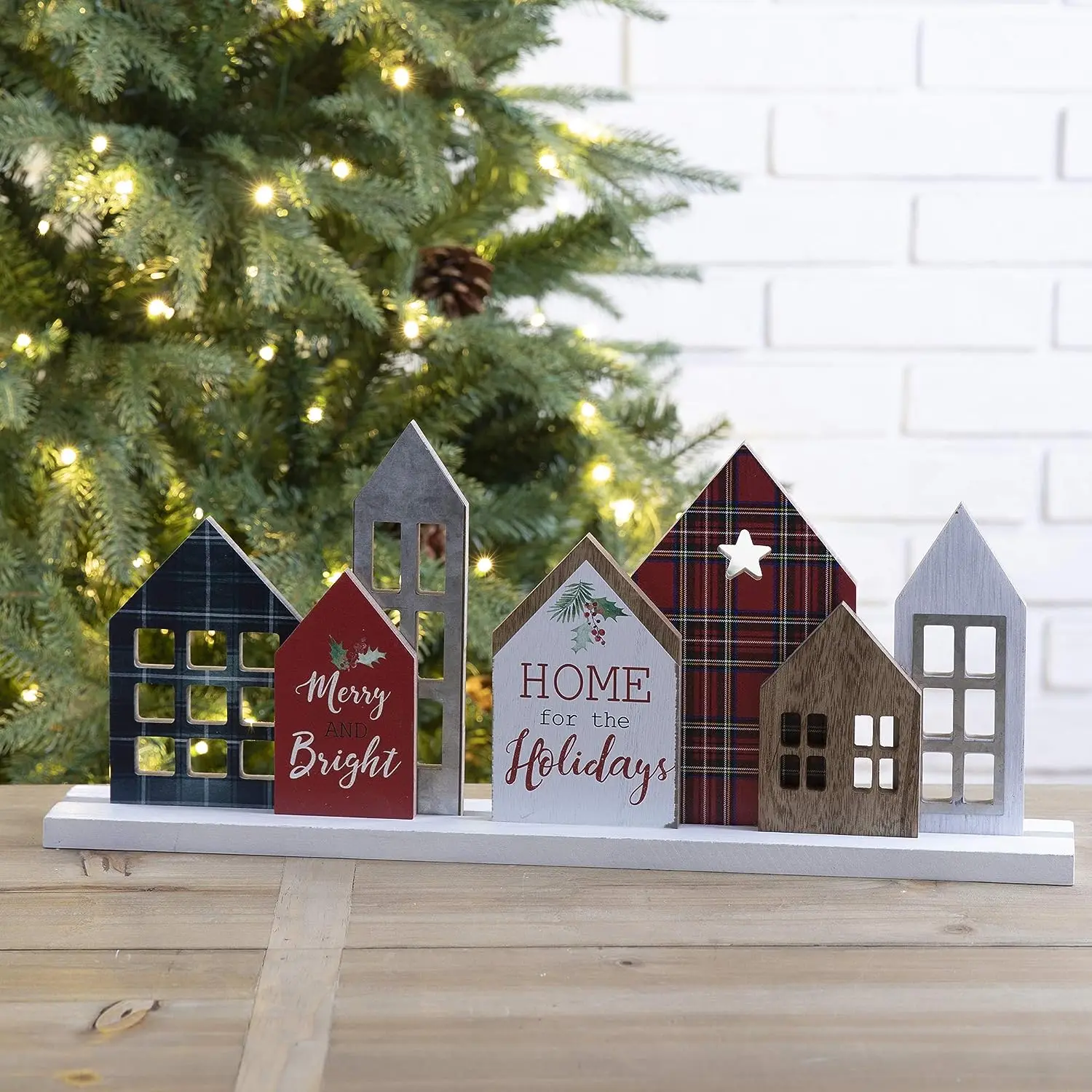 Farmhouse Table Christmas Decor, Rustic Wooden House Block Table Top Christmas Decorations, Home Merry Christmas Sign Desk Shelf