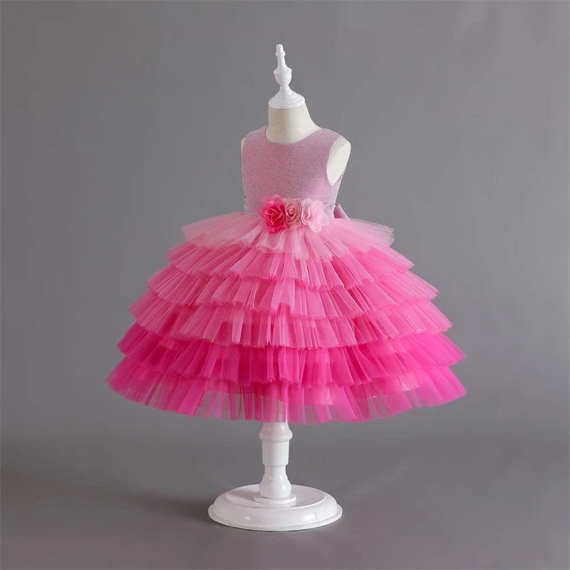 Children Latest Gradient Color Prom Gown Princess Birthday Wedding Dinner Party Dresses Flower Girls Tulle Cake Puffy Dresses