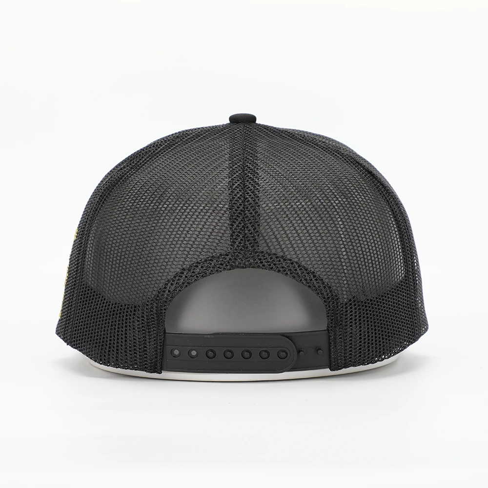 OEM Custom High Quality Mens Cotton Twill Flat Brim 7 Panel 3D Embroidery Logo Black Mesh Snapback Trucker Caps Hat