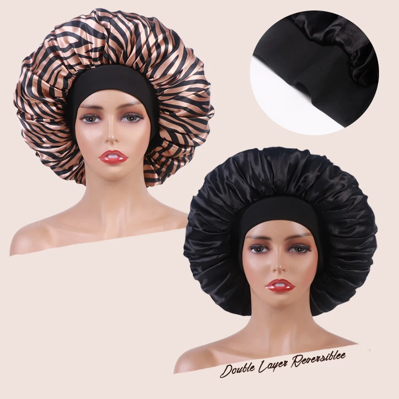 Double Layer Hair Bonnet Silk Costom Cover Sleeping Hat Satin Double Layer Braid Large Bonnet With Elastic Edge Lepord Flora