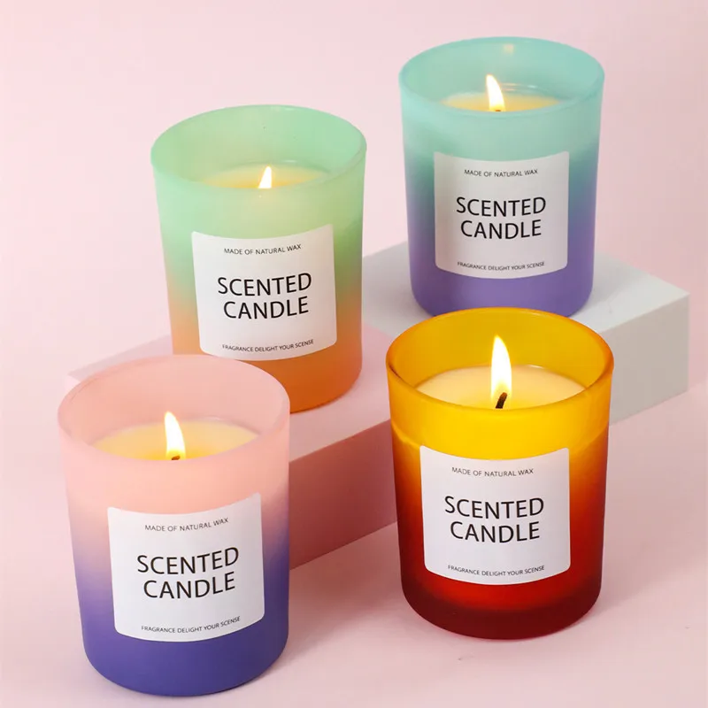 White Frosted NudeCustom Logo Luxury Wide Mouth Small  Iridescent Empty Glass Candles Jars Vessel With Wood Lid