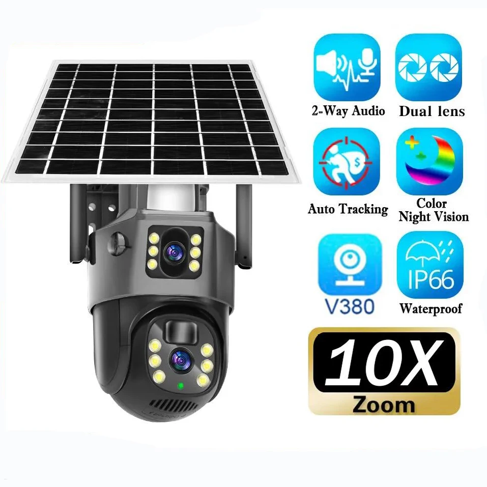 Regis V380 Dual Len Camera 4MP Wifi  Battery Powered Security Outdoor CCTV 4G IP Intelligent Solar Energy Alert PTZ Camera