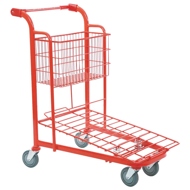 KAIJIA 2-tier metal folding shopping cart warehouse transport steel cargo logistic trolley flat trolley