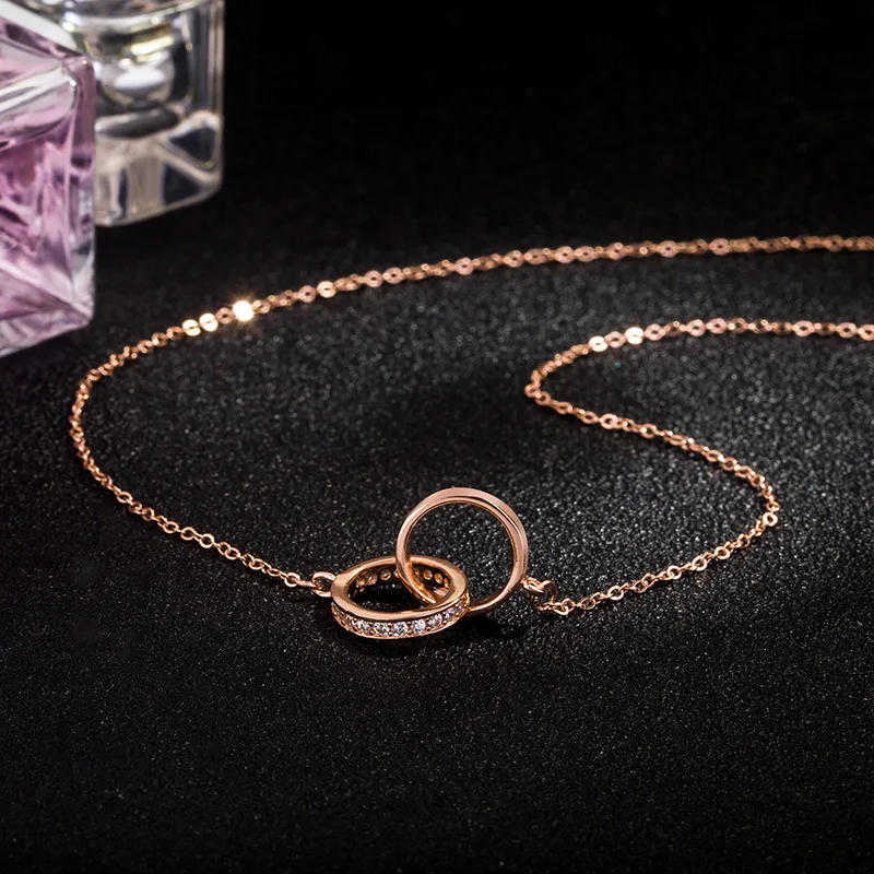 S925 jewelry silver 925 necklace sterling silver double ring circle interlocking net red hot fashion necklace for girl