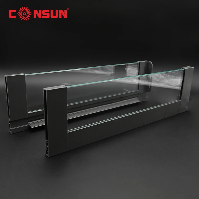 CONSUN Wholesale Kitchen Furniture Hardware Slim Drawer Box Soft Closing Glass Drawer Systems