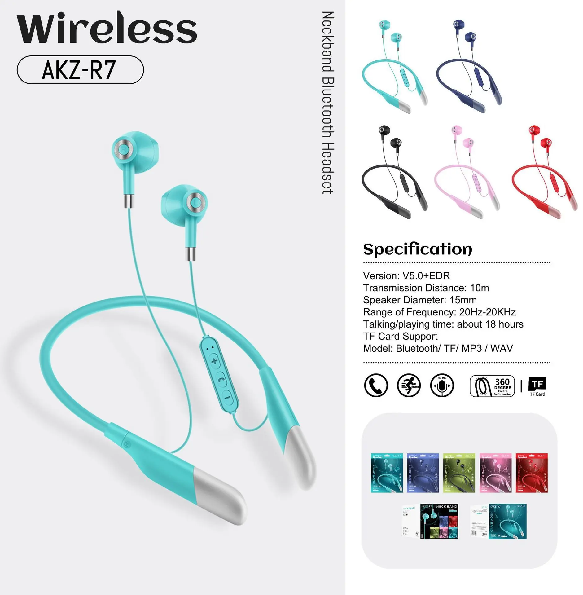 AKZ-R7 ecouteur sans fil neckband headset MP3 card playing listening to songs 20 hours folding wireless neck headset