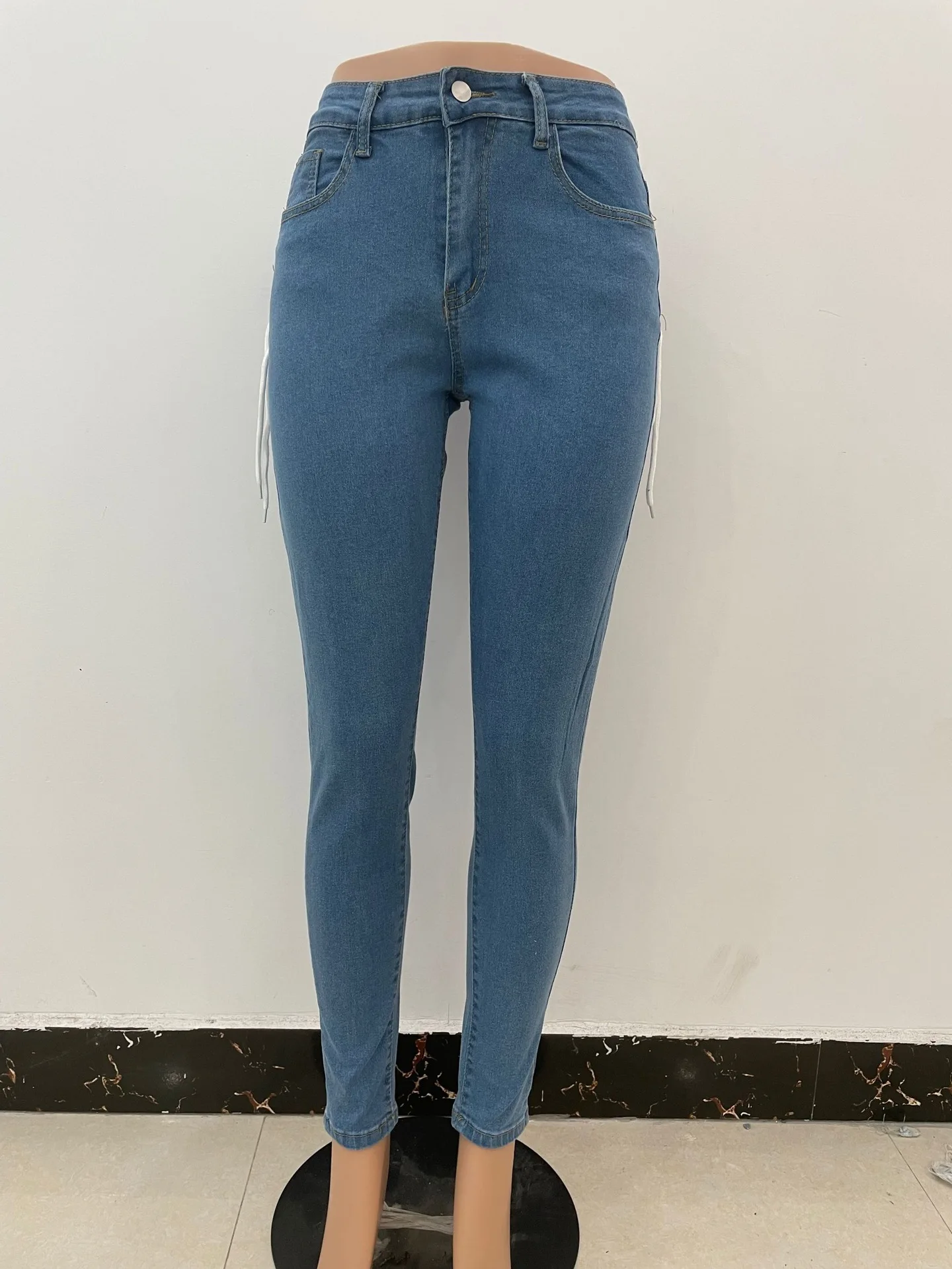 2021 fall fashion Stretch Elastic Ripped Hollow Out Denim Jeans Bandage Straight pants women skinny high waist ripped