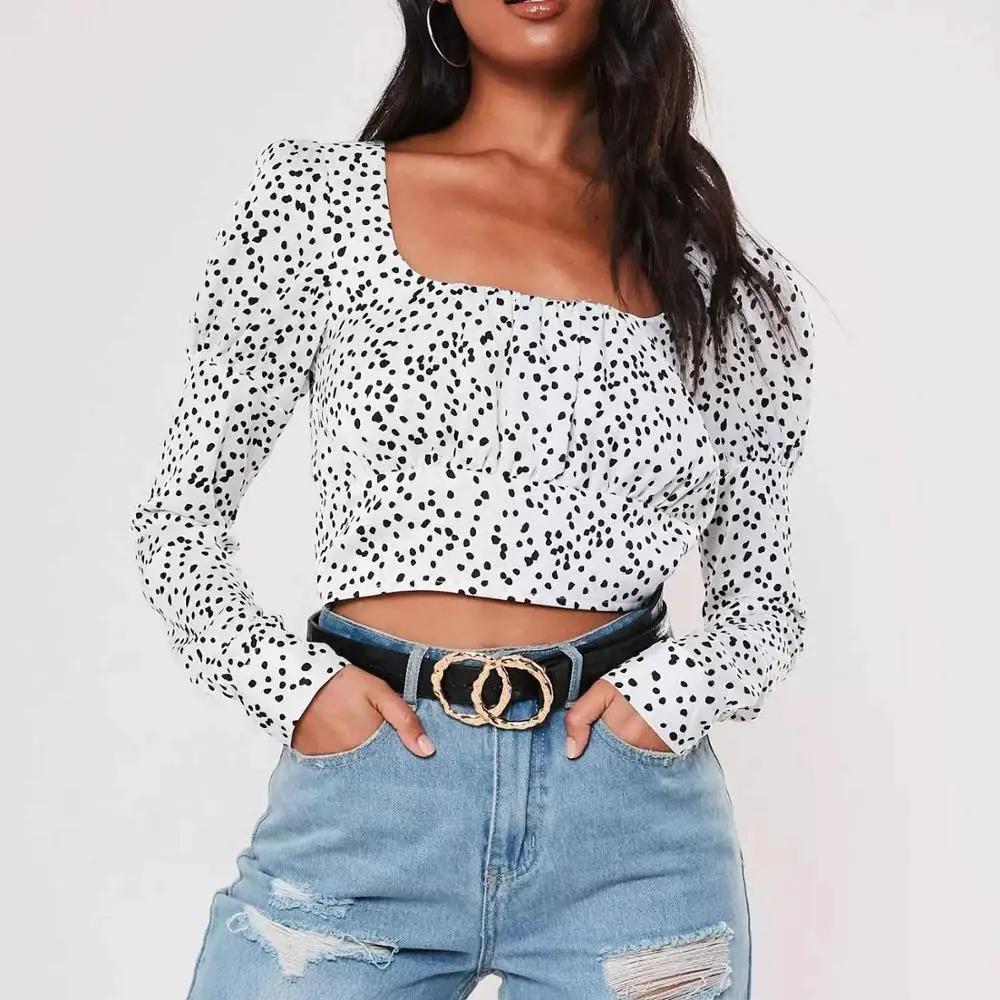 
wholesale white polka dot print square neck long sleeve lady crop top blouse 