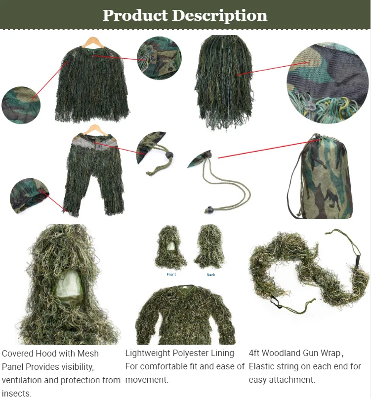 Ghillie Suit Durable Material Hunting Uniform Woodland Desert Grass Camouflage Clothing