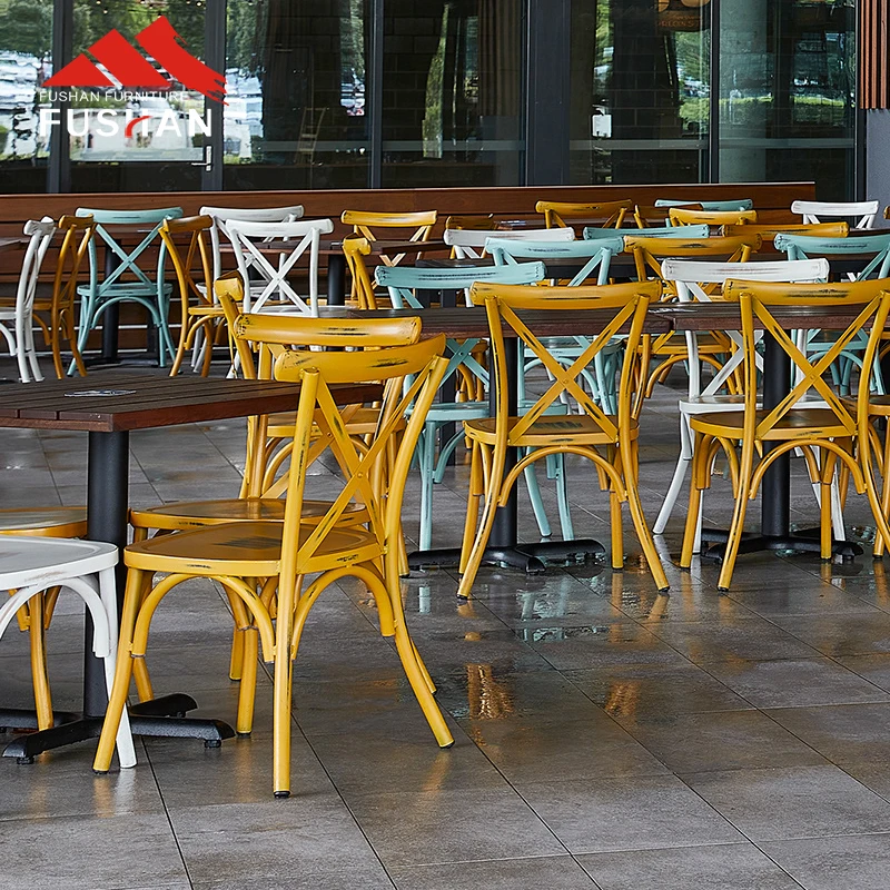 Wholesale Stackable Cross Back Design Dining Chairs Bistro Vintage Industrial Metal Chairs For Restaurant