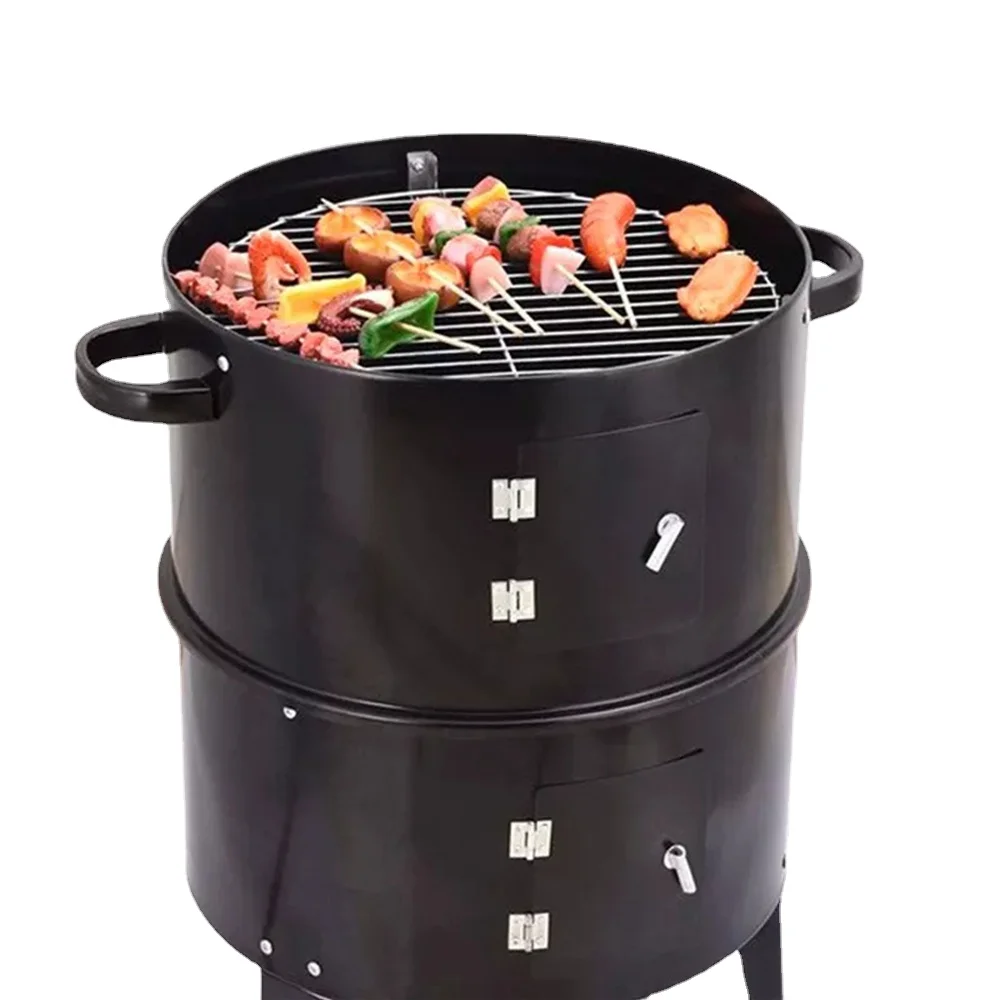 BBQ Grill Round Charcoal Stove Outdoor Bacon Portable 3 in 1 Barbecue Grills Double Deck Smoker Oven Camping Picnic Cooking Tool