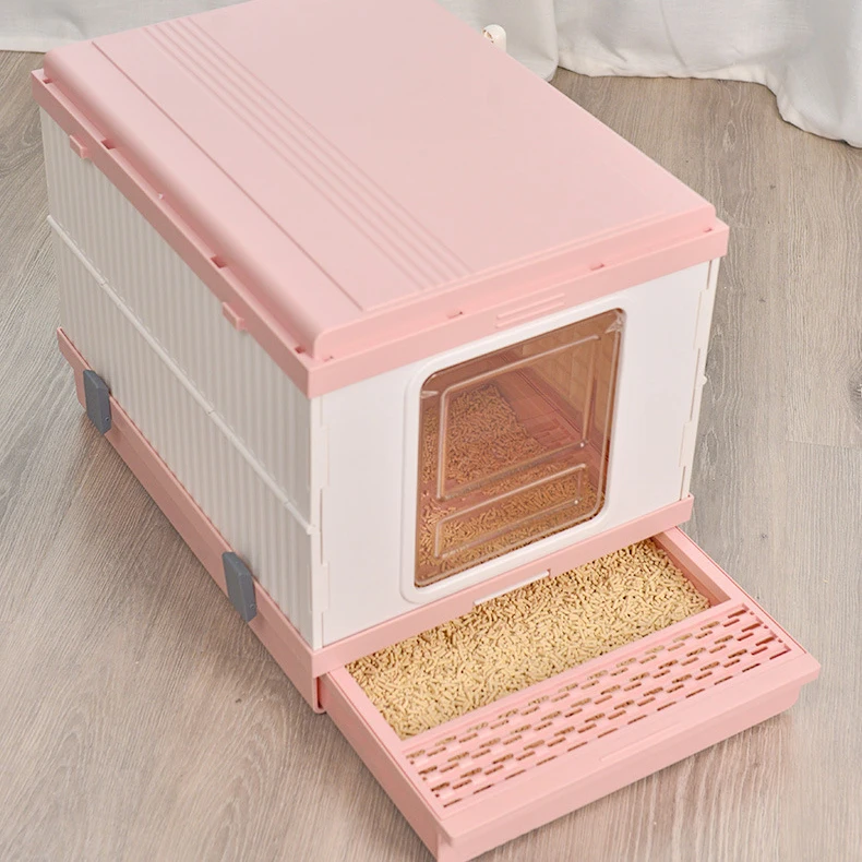Portable easy folding totally enclosed drawer type foldable Large space Kitty Potty Cat Litter Toilet Box with Litter Scoop