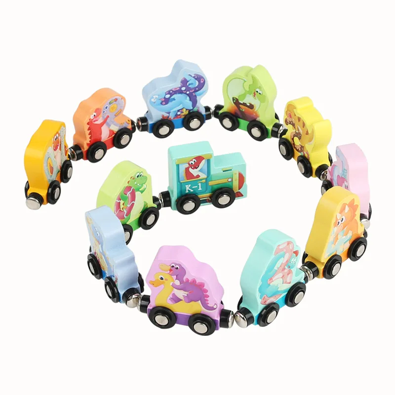 AF Custom Montessori Early Educational Toys Wooden Train Colorful Dinosaur Magnetic Train Set Toys Wooden Digital Train