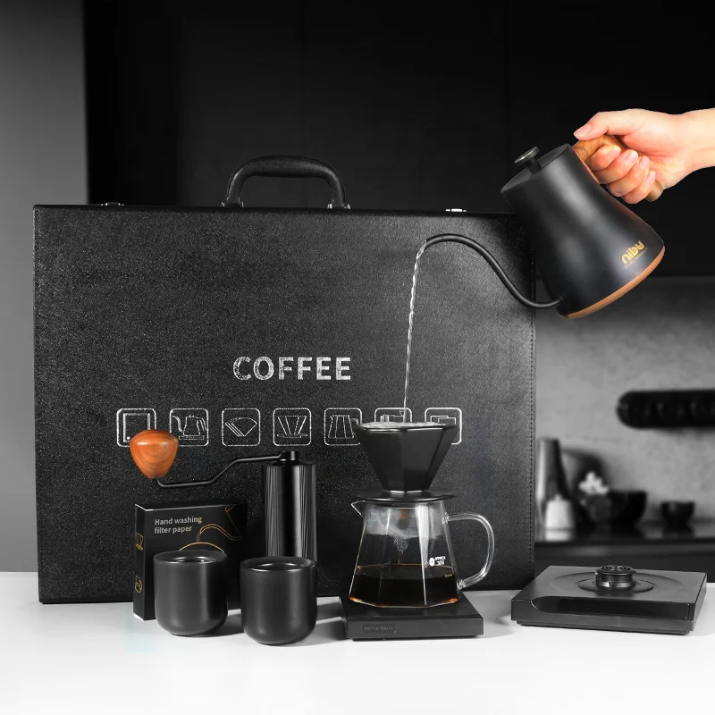 NIBU Travel Pour Over Coffee Gift Box Leather Suitcase Coffee Kit With Electric Kettle Coffee Set