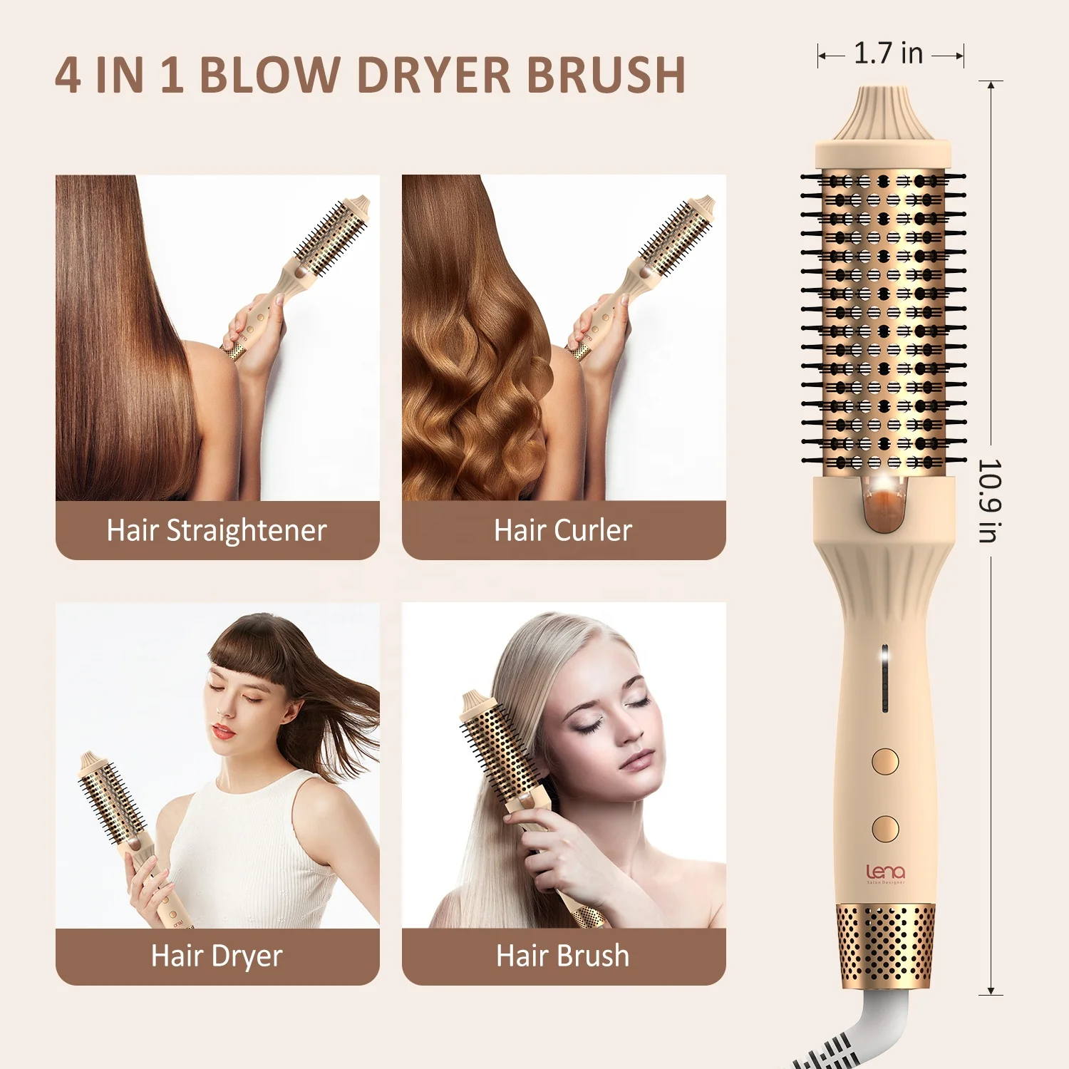 Lena 1.25 Inch Ionic Hot Air Styler Volumized Thermal Round Hair Brush Comb Ceramic Heated Hair Curling Brush