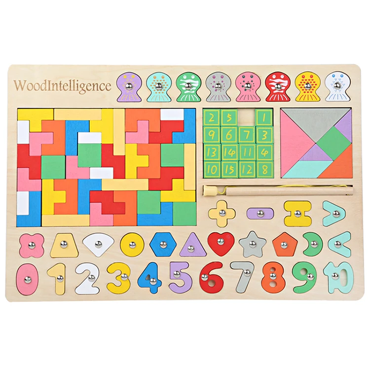 BDJ Digital 5 in 1 Matching Puzzle Early Learning Logarithmic board Colorful Wooden Tangram Brain