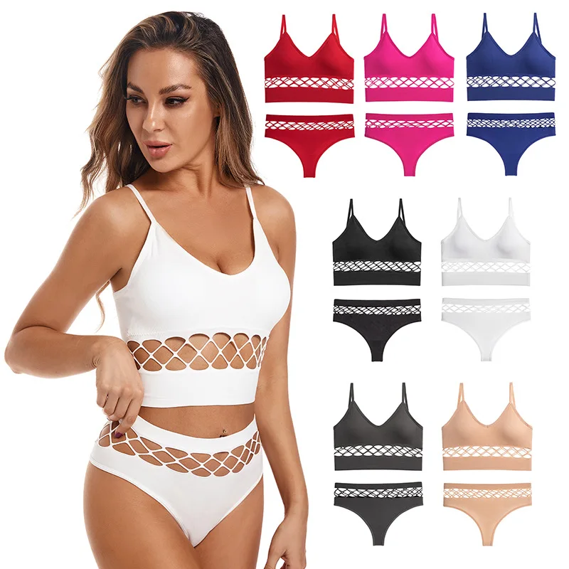 New Arrival Wholesale Sexy Openwork Sports Bra And Panties Set Breathable Solid Bralette For Women