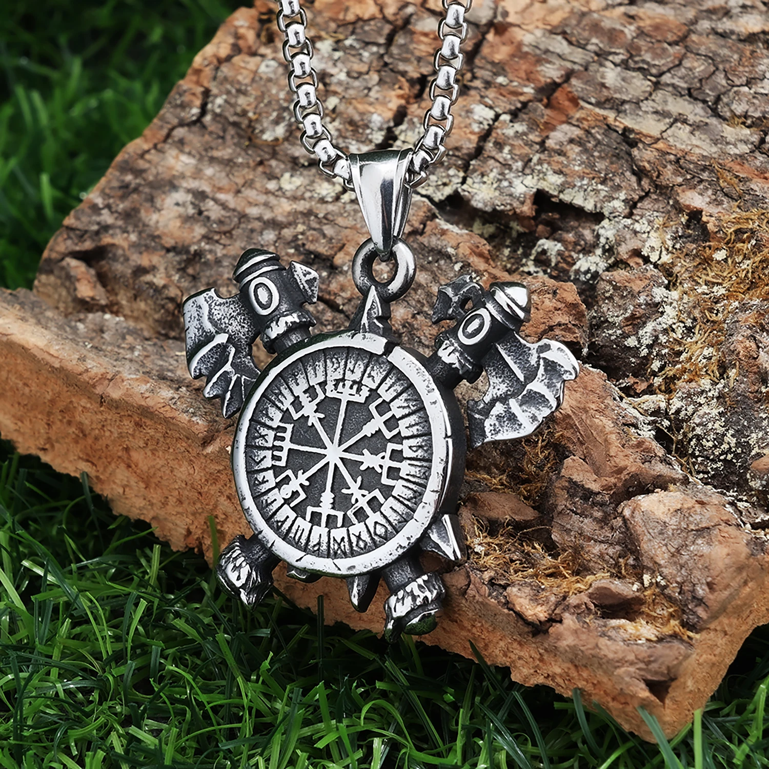 Stainless Steel Norse Viking Celtic Axe Compass Pendant Necklace Stainless Steel Vintage Amulet Viking Jewelry for Men