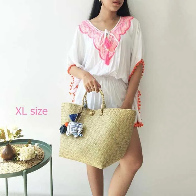 Plain Pom Pom Straw Bag Wholesale Summer Wicker Beach Tote Customized Bride Straw Beach Bags with Tassel