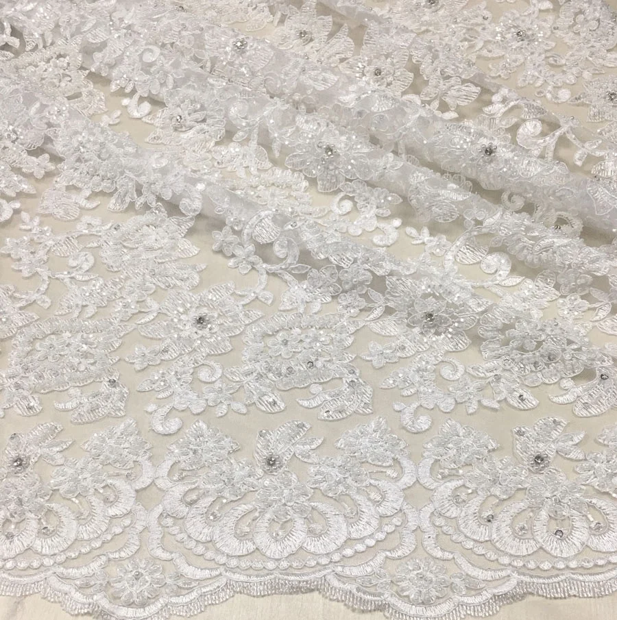 luxury white wedding fabric high quality all over heavy hand beaded embroidery bridal lace fabric for dresses