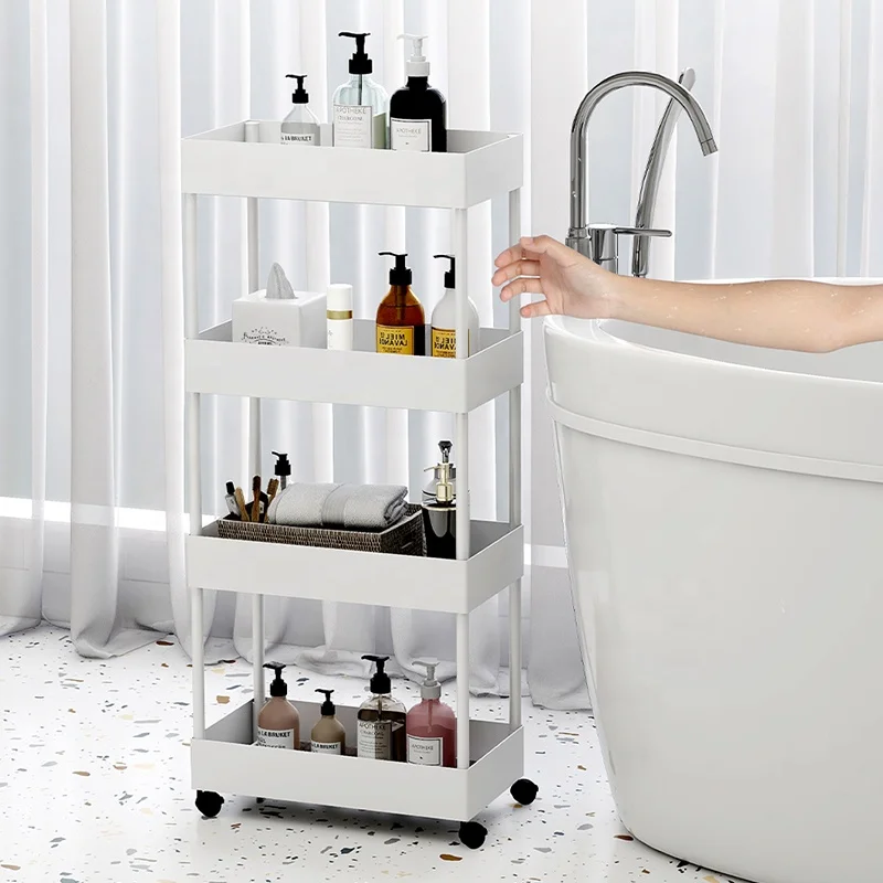 Amazon Hot Slim Cart Slide Out Mobile Shelving Narrow Space Corner Organizer 4 Tier Gap Plastic Storage Shelf For Bathroom