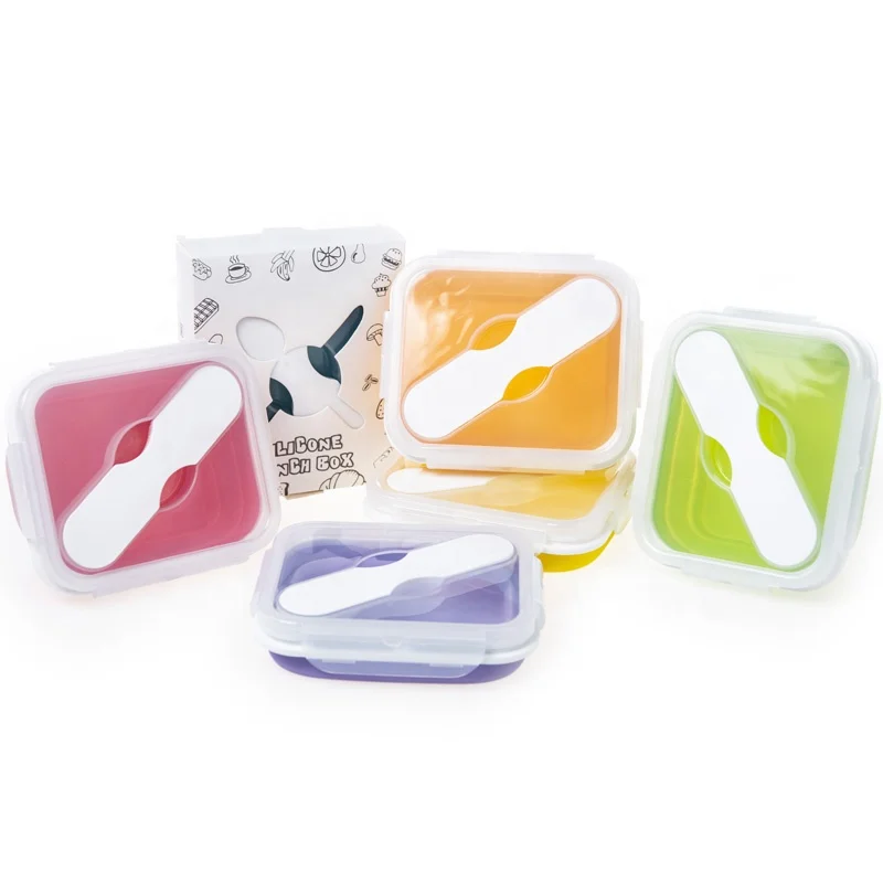 1Compartment Reusable Leak Proof Bento Food Folding Silicone Storage Containers Collapsible Lunch Boxes With Fork