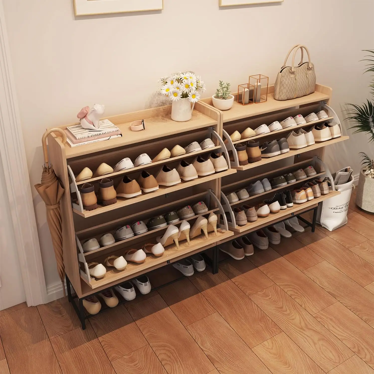 Modern Narrow Organizer Freestanding Shoe Cabinet with 2 Flip Drawers for Hallway