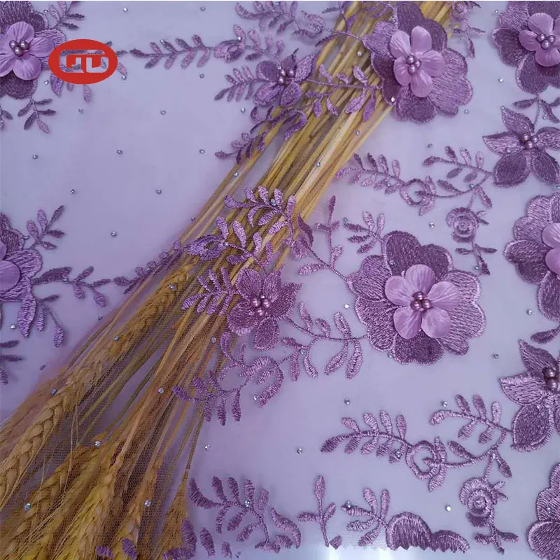 Fancy violet  Tulle Lace Embroidery Fabric with lulu for Women wedding dress