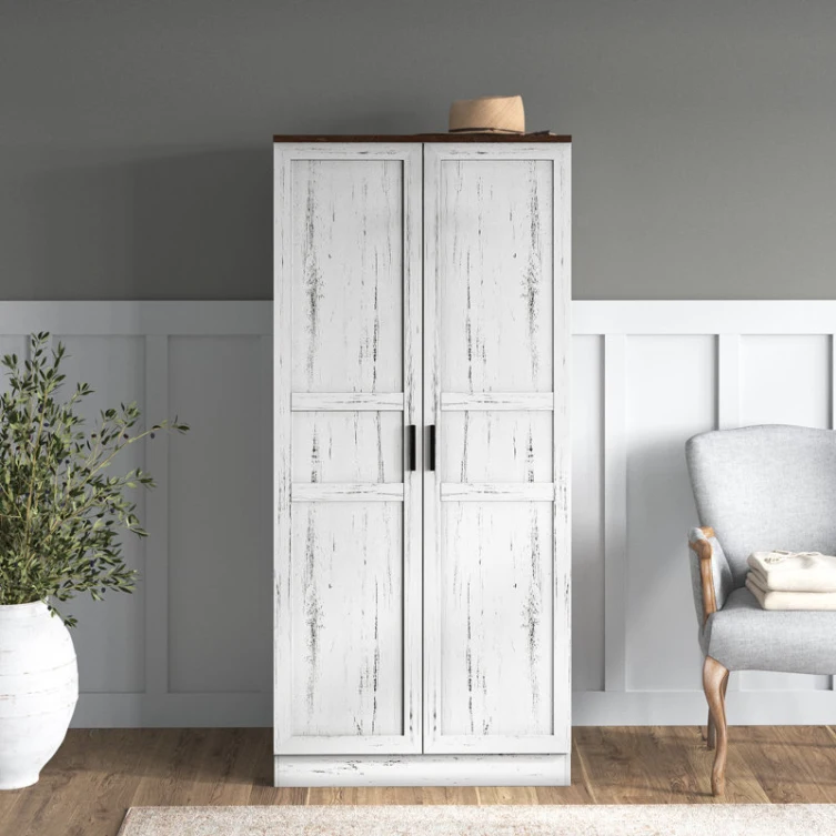 24 Years Factory Direct European Style Antique White Farmhouse LED Wardrobe Closet with Two Doors