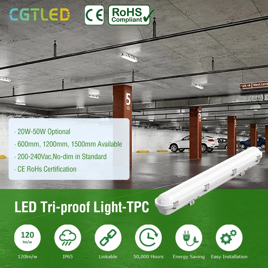 CGT 600mm 1200mm 1500mm Flicker Waterproof Shop Light Industrial Tri Proof Linear Led Triproof Light Fixture