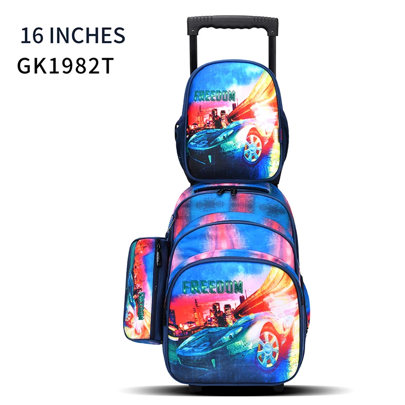 factory fashion original cartoon character design 16 inch trolley school bag set with lunch box and pencil case