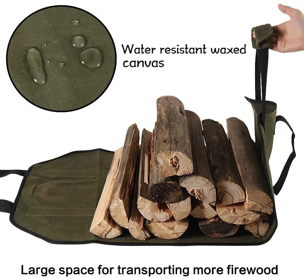 Large Log Capacity Waxed Canvas Firewood Tote Bag Heavy Duty Waterproof Firewood Carrier