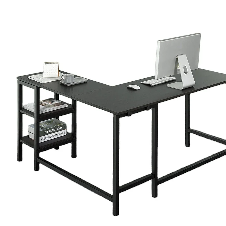Vekin Furniture Home Office Desk L Shape Black Desktop Computer Desk Modern Wooden and Steel Study Table Wholesale