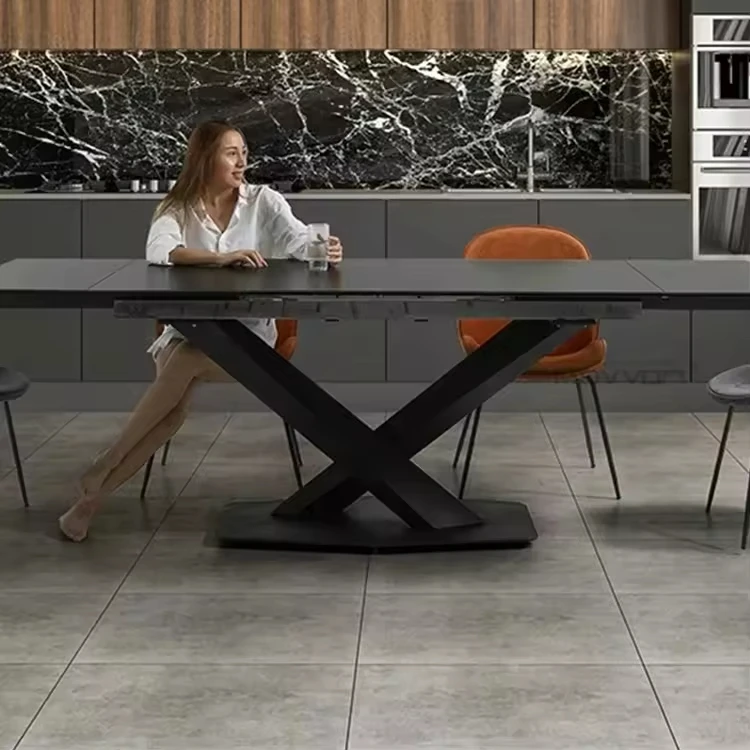Popular Italian Minimalism Ceramic top Modern Home furniture luxury metal legs extendable dining table set