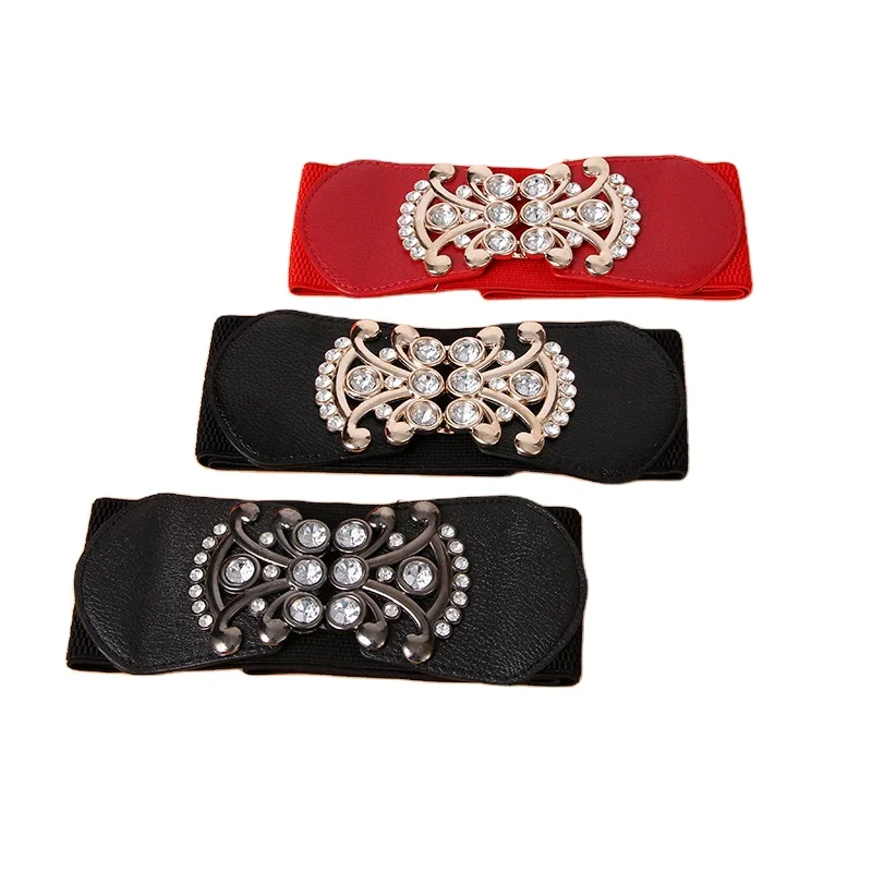 Vintage Fashionable Breathable Women Alloy Double Buckle Black Woven Braided Stretch Lady Elastic Belt