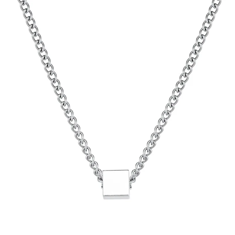 Fashion stainless steel cuban chain link with square bead charm pendant necklace men and women 20 inches