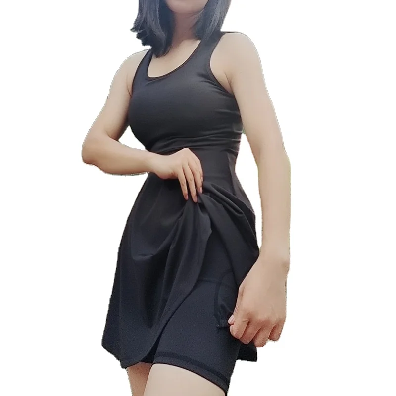 Women Exercise Dress with Detachable Shorts Built-in Bra Workout Dress Mesh Tennis Golf Athletic Dress Pockets Sport Clothing