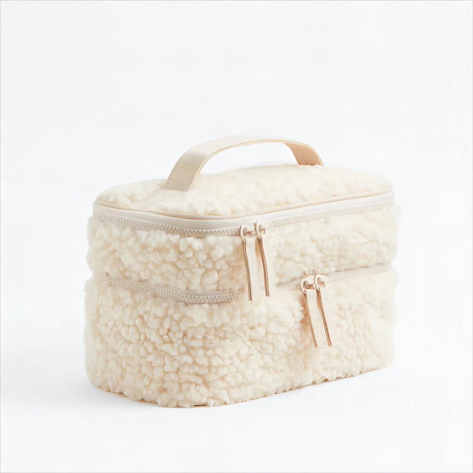 Custom Soft Beige Terry Double Layers Zipper Cosmetic Makeup Make Up Toiletry Beauty Travel Skincare Pouch Bag