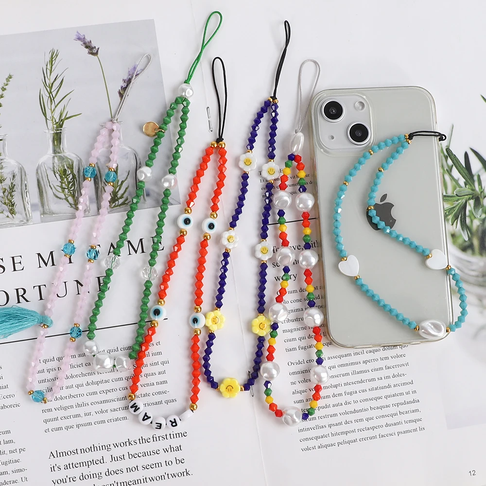 Baroque pearl acrylic smiling flowers bead charms wrist strap phone bling colorful faceted crystal phone chain evil eye
