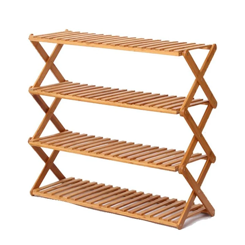 Multifunctional Free Standing Plant Display Racks Foldable Shoes Storage Organizer 4-Tier Bamboo Shoe Rack