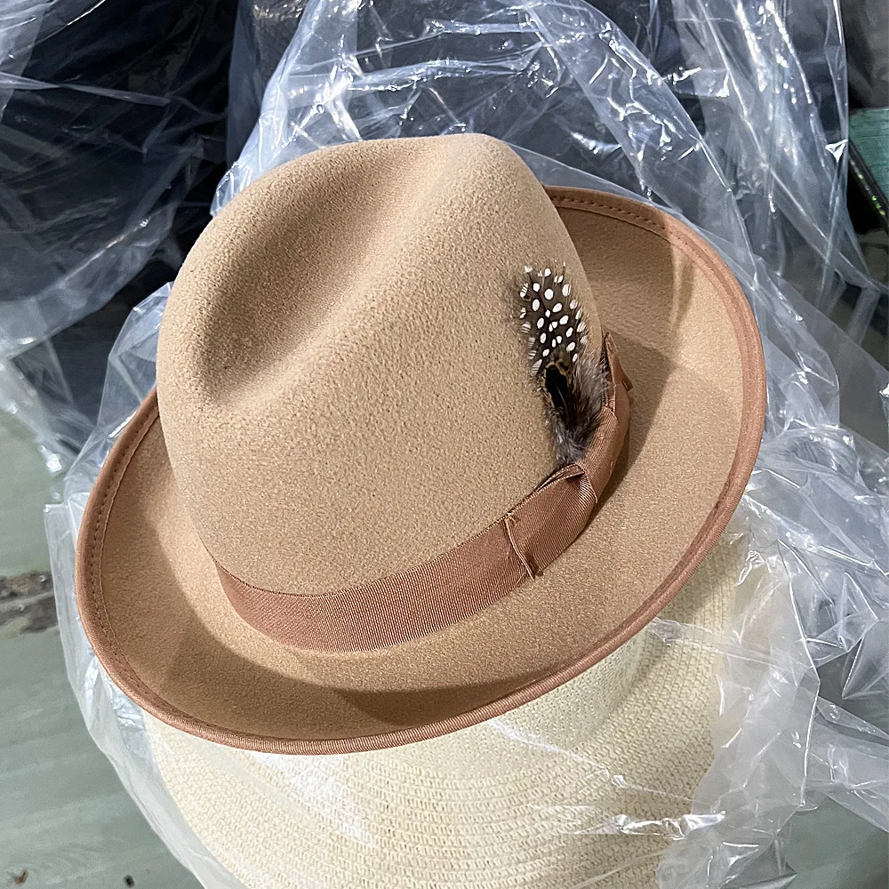 High Grade Fabric Top Hat Handmade Feather Felt  For Men Hamburg Hat With Lining